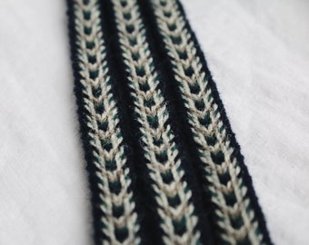 Tablet Woven Viking Trim/Band/Belt (100% Wool), 1-5 m, Dark Blue-Light Brown-Grand Canal color, Without Tassels