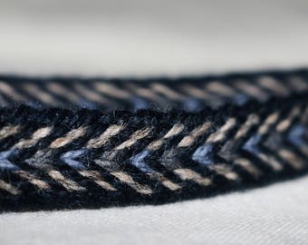 Tablet Woven Viking Trim/Band/Belt (100% Wool), 1-5 m, Blue-Beige-Grey, Without Tassels