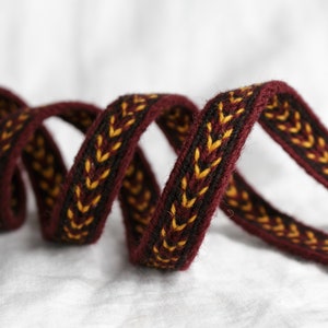Tablet Woven Viking Trim/Band/Belt (100% Wool), 1-5 m, Bordeaux-Yellow-Brown, Without Tassels