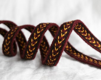 Tablet Woven Viking Trim/Band/Belt (100% Wool), 1-5 m, Bordeaux-Yellow-Brown, Without Tassels