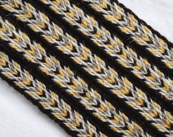 Tablet Woven Viking Trim/Band/Belt (100% Wool), 1-5 m, Dark Brown-Light Brown-Yellow-White, Without Tassels