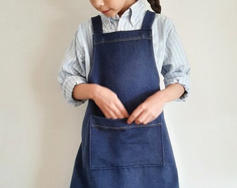 Kids cross-back apron, organic blue denim, Japanese apron with pocket, pinafore style, childrens organic cotton apron, kids painting apron.