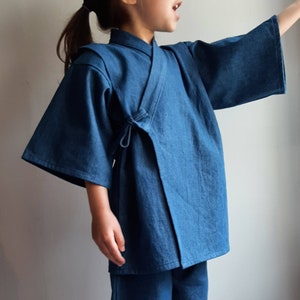 Blue denim kimono top, jinbei, wrap top, loose short sleeved, cross over, short sleeved jacket, karate top style image 2