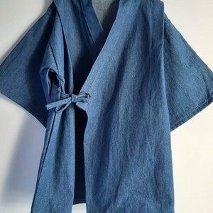 Blue denim kimono top, jinbei, wrap top, loose short sleeved, cross over, short sleeved jacket, karate top style image 10