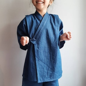 Blue denim kimono top, jinbei, wrap top, loose short sleeved, cross over, short sleeved jacket, karate top style image 1