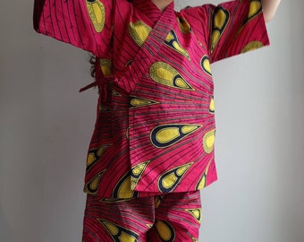 Pink & yellow peacock feather print batik jinbei top and shorts set
