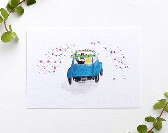 Card wedding car 2cv congratulation marriage wedding illustration bridal couple