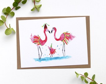 Card flamingo greeting card birthday card animal dancing drawing illustration