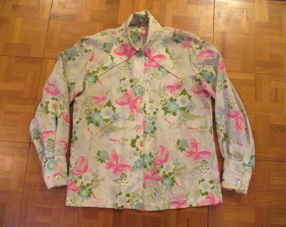 70s Long Collar Butterfly Floral Shirt