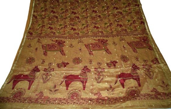 Saree 100 % tissu Pure soie Sari Sari Sari marron cheval et l’oiseau conception d’impression robe fabrication artisanale tissu imprimé Vintage 344b35 Saree 100 % tissu Pure soie Sari Sari Sari marron cheval et l’oiseau conception d’impression robe fabrication artisanale tissu imprimé Vintage 344b35
