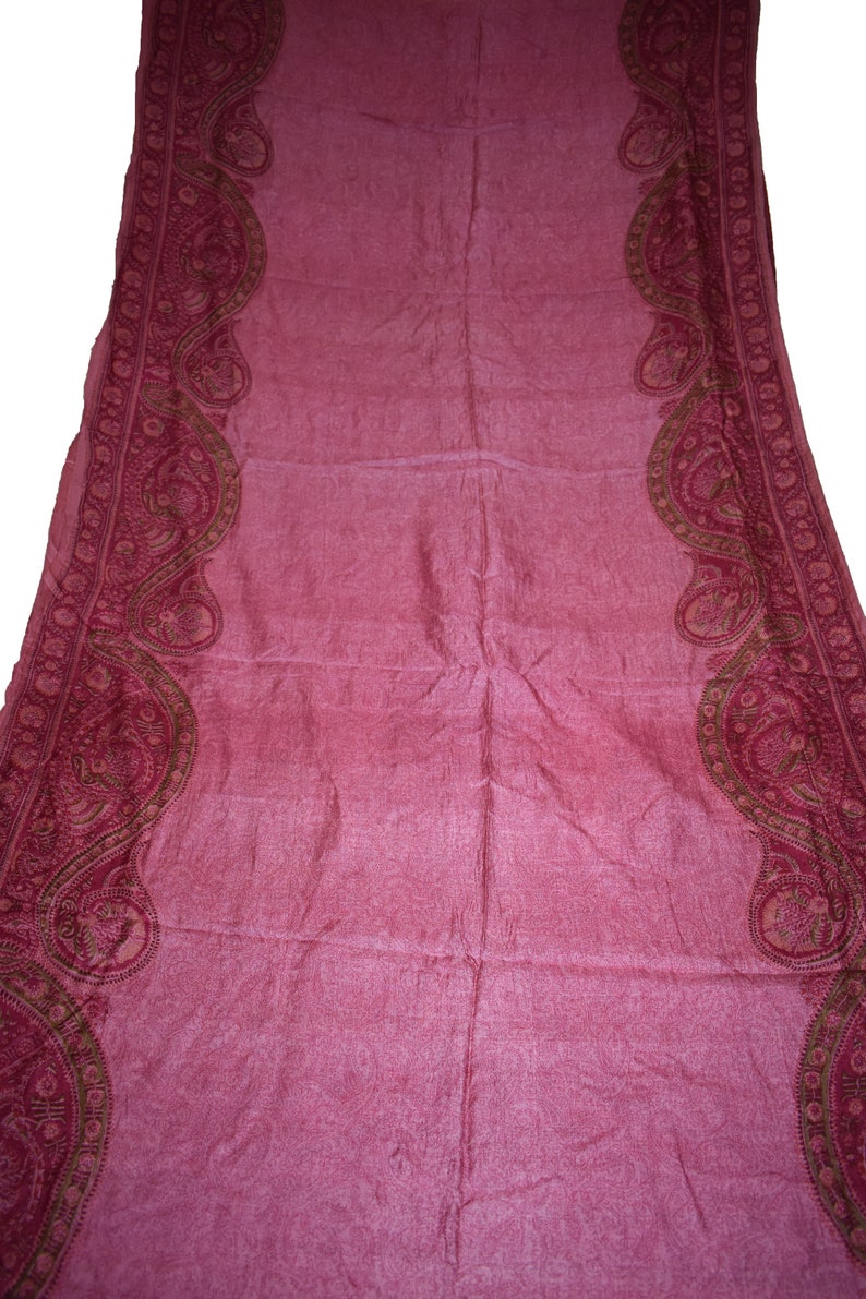 Vintage Printed Sari Pink Tussar Silk Floral Print 5Yrd Saree Design Craft Fabric