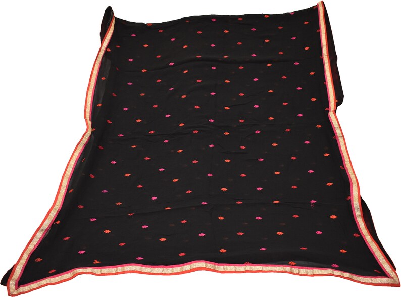 Vintage Dupatta Hand Embroidery Georgette Black Long Stole Antique Zari Work