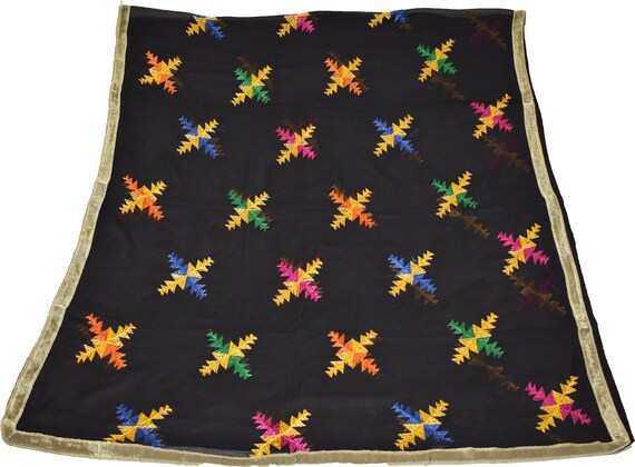 Vintage Dupatta Hand Embroidery Georgette Black Long Stole Antique Zari Work
