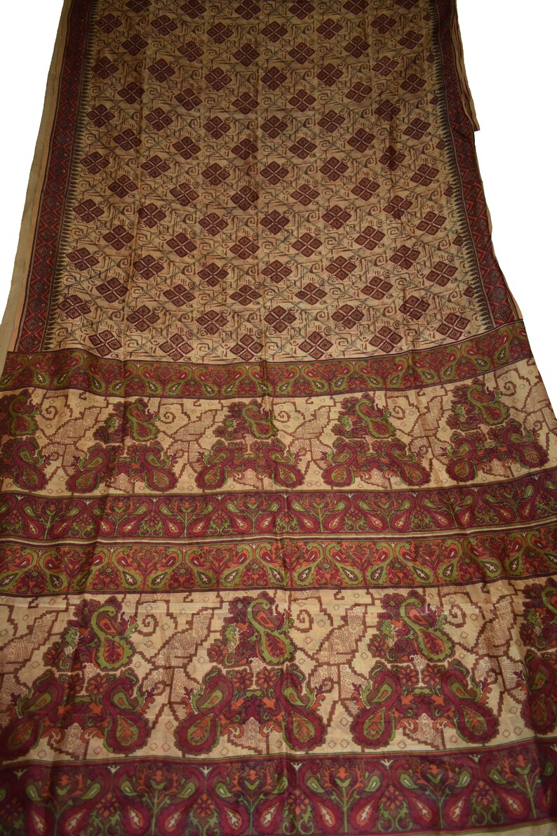 Vintage Printed Saree Brown100/% Pure Silk Floral Print Sari Design Craft Fabric