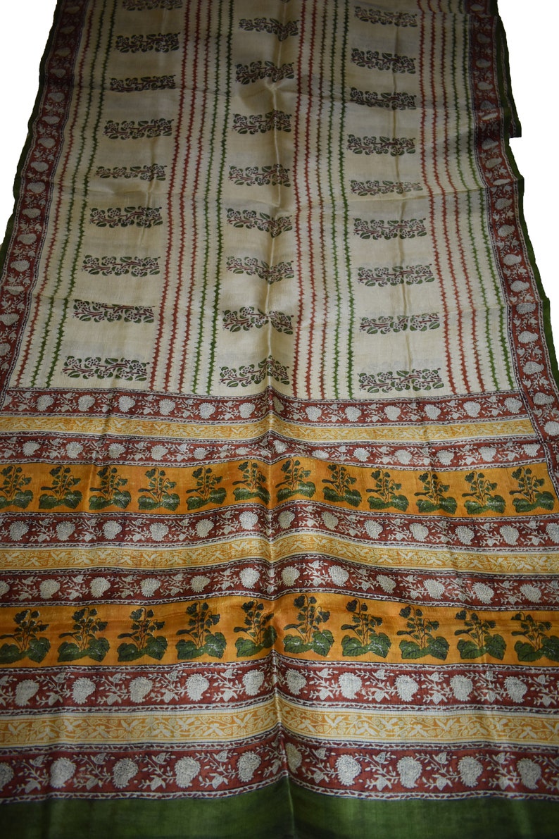 Vintage Printed Sari Brown Pure Silk Floral Print 5Yrd Saree Design Craft Fabric
