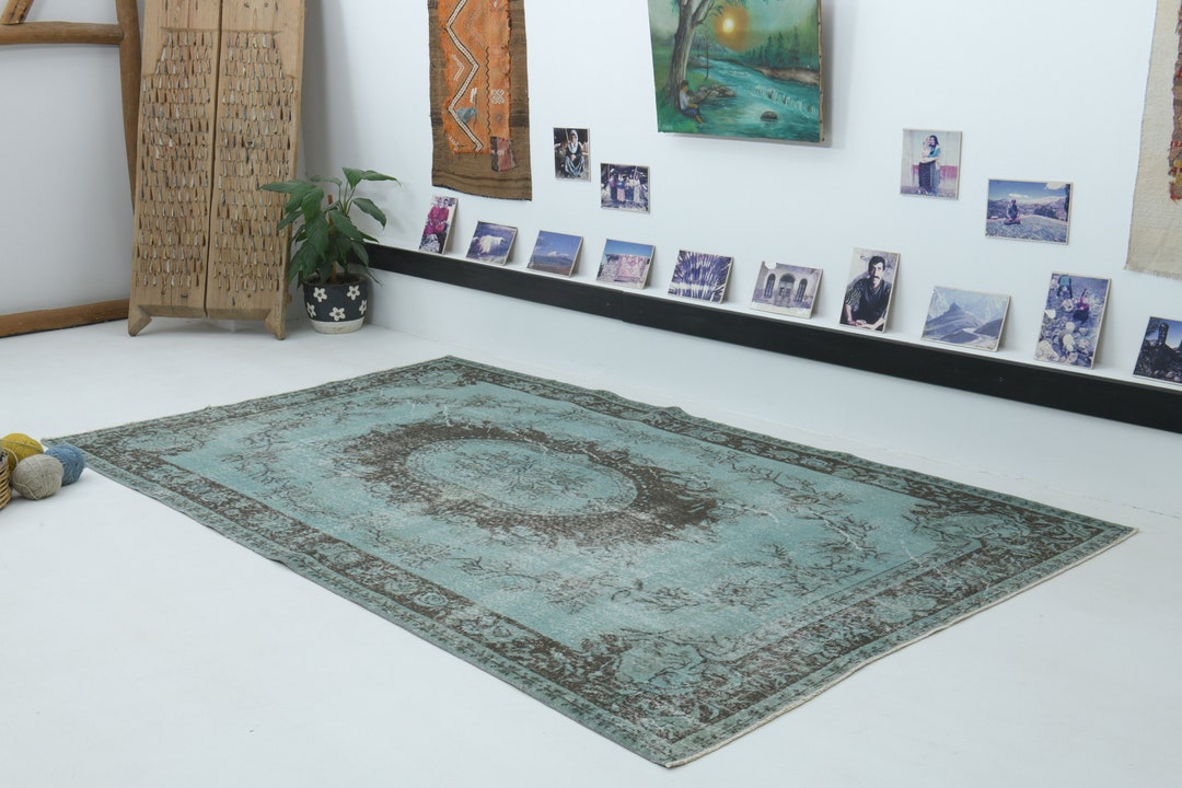5.6x9.3 Turkish Turquoise Vintage Rug, Vintage Rug, Handmade Rug ...