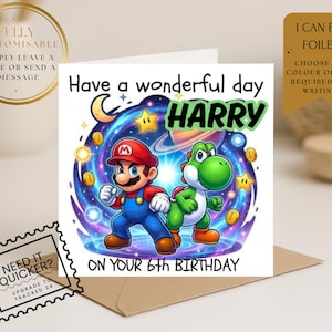 May include: A square greeting card featuring a colourful illustration of Mario and Yoshi standing in front of a cosmic space background with planets and gold coins. The text reads Have a wonderful day HARRY ON YOUR 6TH BIRTHDAY in black lettering.