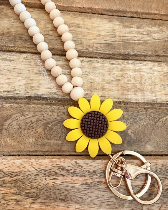 SUNFLOWER Wood Bead Lanyard Wood Beaded Lanyard Sunflower Etsy