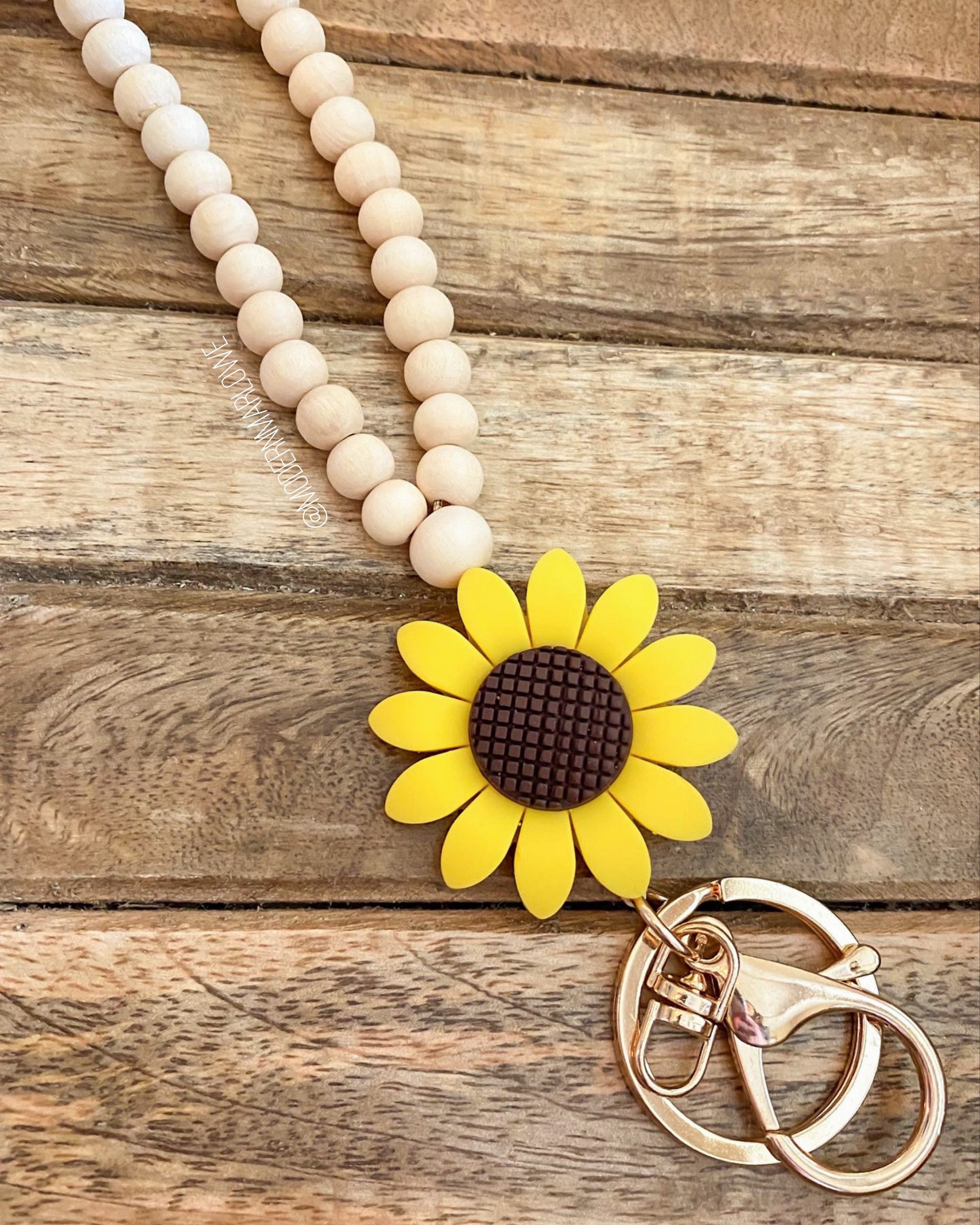 SUNFLOWER Wood Bead Lanyard Wood Beaded Lanyard Sunflower Etsy