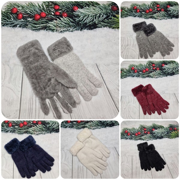Gants femme en laine angora, gants doublés, gants chauds et épais femme, gants hiver