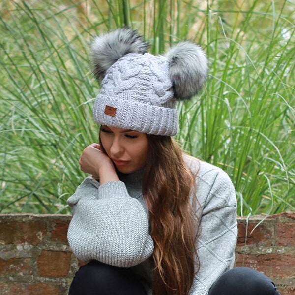 Chapeau d'hiver en laine pour femmes, bonnet intérieur en polaire, chapeau à double pompon