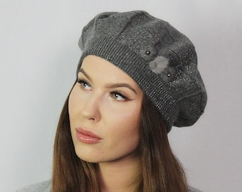 Cashmere beret, Women winter hat, French cashmere beret, Sparkly beret, Gift for her