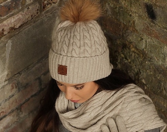 Cashmere set: hat, gloves, scarf,  natural fur pom pom beanie, Knit set, Cozy and super soft women winter cashmere set.