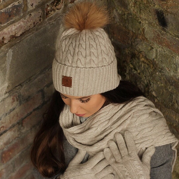 Cashmere set: hat, gloves, scarf,  natural fur pom pom beanie, Knit set, Cozy and super soft women winter cashmere set.