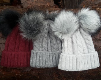 Childrens Boys Girls Chunky Beanie Bobble Hat with Detachable Changeable pompom
