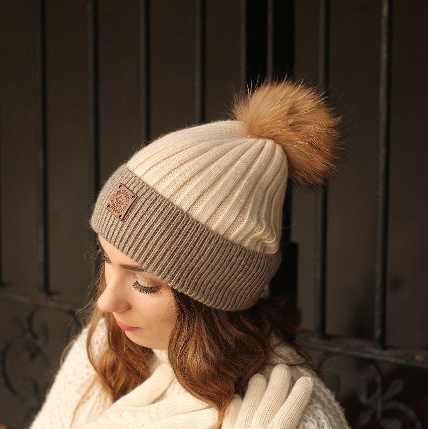 Real Fur Pom Pom Beanie Knit Hat 
