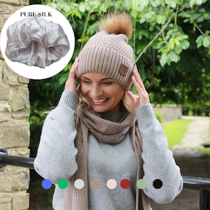 Cashmere & 100% PURE SILK Lined Hat – Winter Beanie with Fox Fur Pom Pom, Frizz-Free, for Curly Hair, Luxury Gift for Her