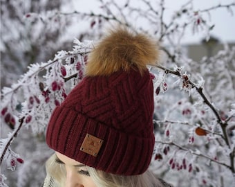 Fur Pom Cc Chic Winter Beanie Warm Cashmere Women's Beanie With