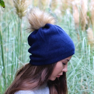 Cashmere Winter Hat for Women – Soft Double Layer Beanie, Warm and Breathable Knit Faux Fur Pom Pom Hat, Elegant Cold Weather Gift for Her
