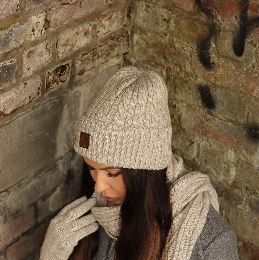 100% Cashmere Beanie Hat, Scarf & Gloves Set Dark Grey