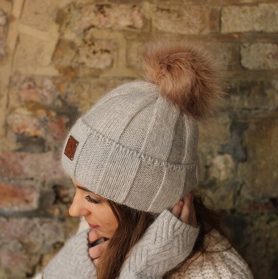 Wool Faux Fur Pom Pom Beanie Knit Hat 