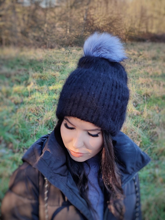 Women Knit Faux Pom Pom Beanie Triple 