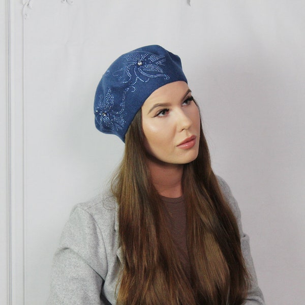 Cashmere beret, Women winter hat, French cashmere beret, Crystal embroidered beret, Gift for her