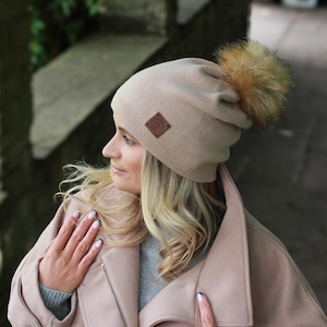 Cashmere Winter Hat for Women – Soft Double Layer Beanie, Warm and Breathable Knit Faux Fur Pom Pom Hat, Elegant Cold Weather Gift for Her