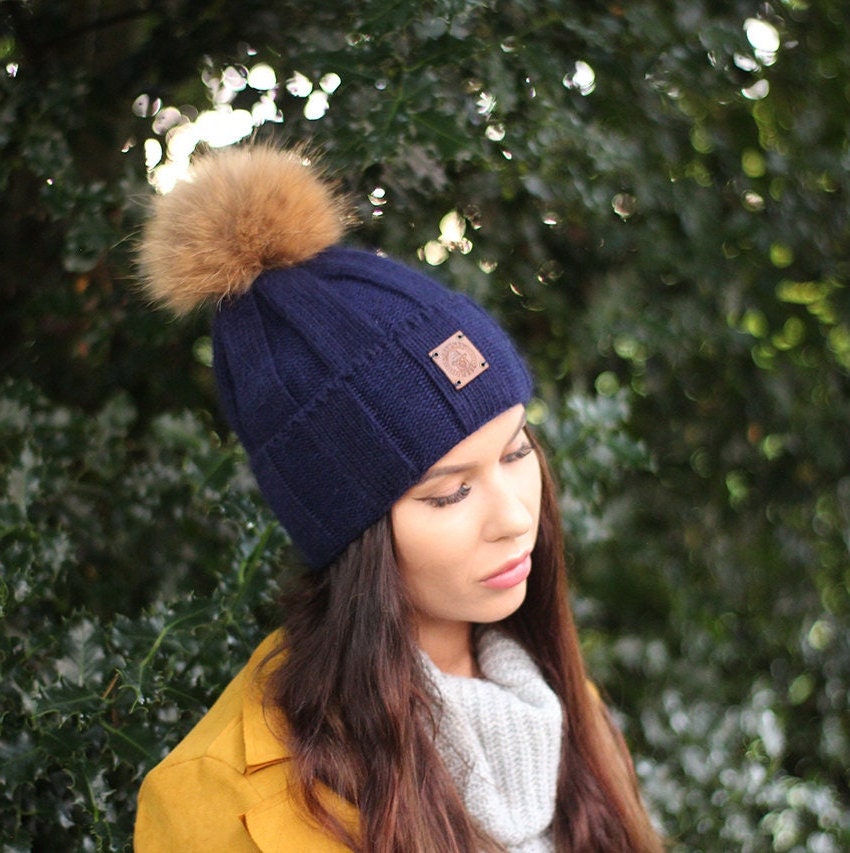 women's wooly hats with fur pom pom