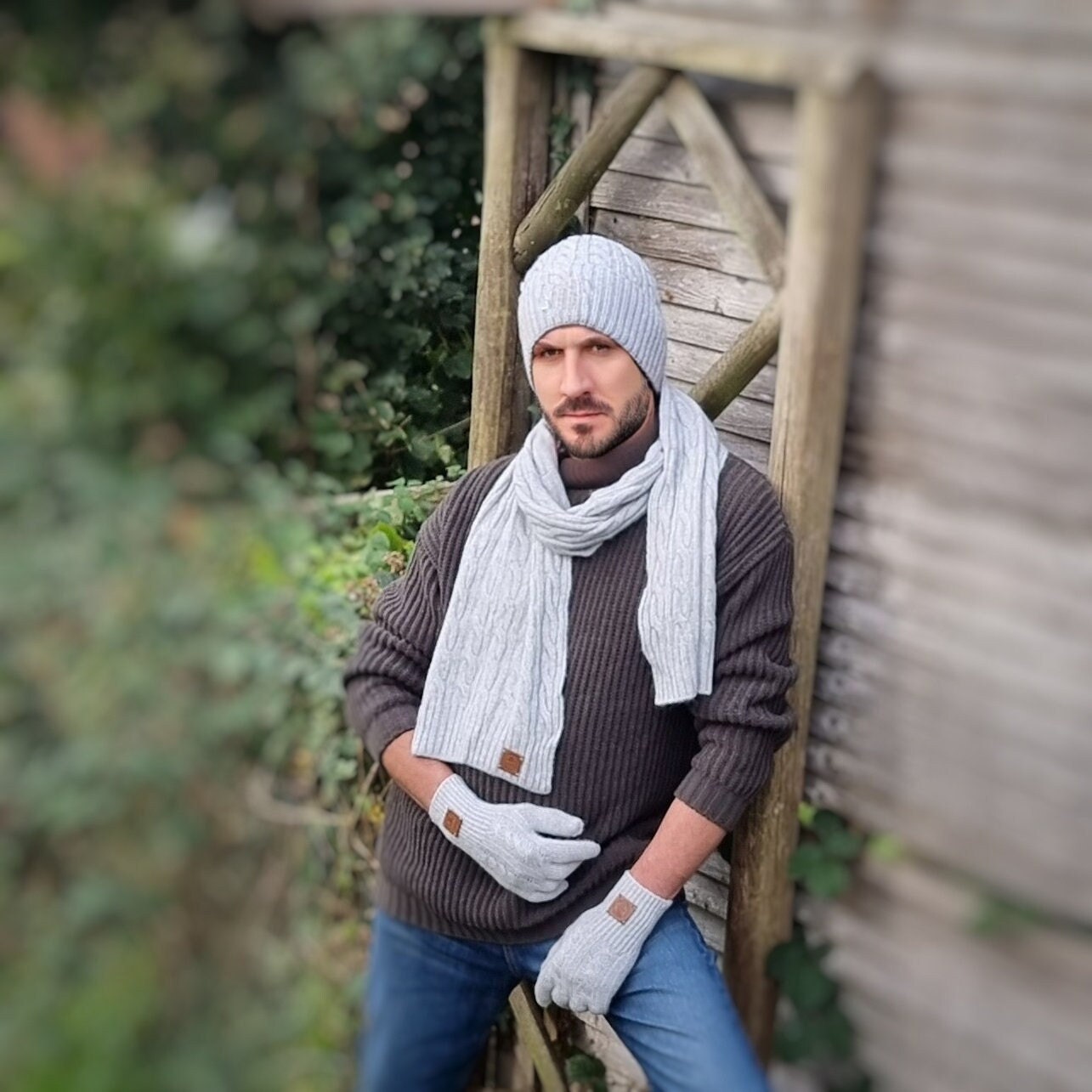 Cashmere Set for Men: Hat Gloves Scarf 