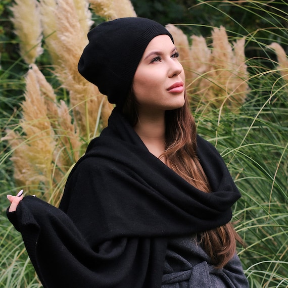 Hood Hat Women Beanie Hand Knit 100% Cashmere Black Winter Snood Beret Gift NEW Cashmere Winter Hood Hat for Women – Warm Hooded Beanie  main image 4