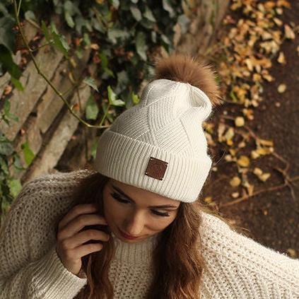 SILVERFEVER Women's Cashmere Blend Beanie - Slouchy Pom Pom Winter Hat, Taupe Leopard - View #7