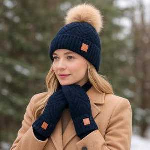Cashmere Hat and Mittens Set for Women – Warm Winter Beanie with Faux Fur Pom Pom, Soft Luxury Gift Set For Her, Cozy and Stylish Accessory