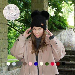 Doppelte Pom Pom Wintermütze für Damen - Fleece-gefütterte Wollmütze, winddicht und warm, süßes Geschenk für Mädchen oder Sie bei kaltem Wetter