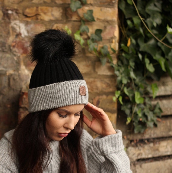 Cozy Knit Pom-Pom Beanie - Black and Brown Hand-knit “obsidian” Cozy Beanie - Etsy main image 4
