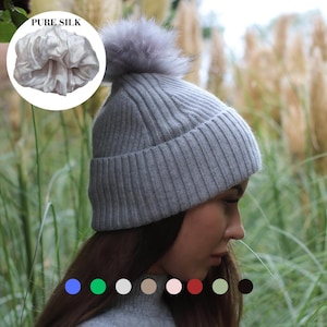 Cashmere & 100% PURE SILK Lined Hat – Winter Beanie with Faux Fur Pom Pom, Frizz-Free, for Curly Hair, Luxury Gift for Her