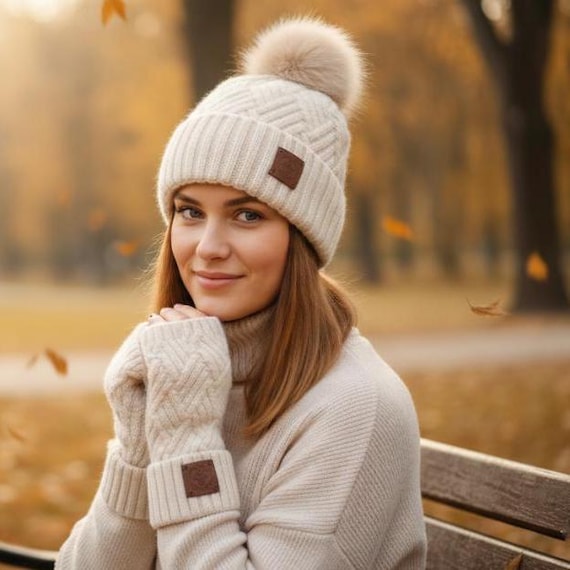 Cashmere Hat and Fingerless Gloves Set, Faux Fur Pom Pom  display picture 1