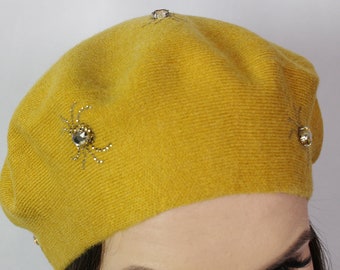 Cashmere beret, Women winter hat, French cashmere beret, Crystal embroidered beret, Gift for her