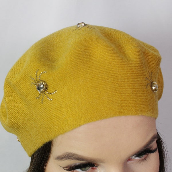 Cashmere beret, Women winter hat, French cashmere beret, Crystal embroidered beret, Gift for her