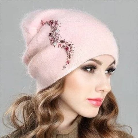 Buy Crystal Embroidered Hat, Angora Wool Womens Beanie, Double